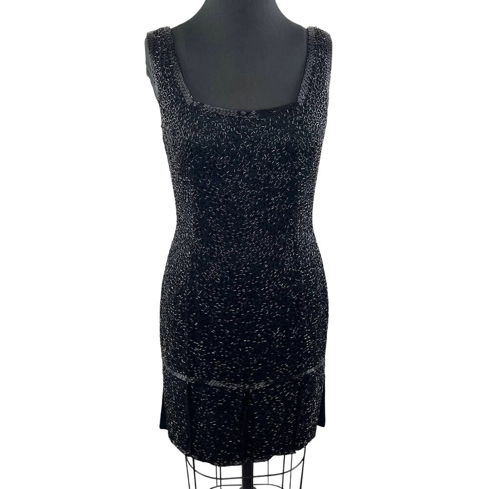 VINTAGE Oleg Cassini Black Tie Silk Red Beaded Flapper Mini Dress Slit Hem Sz 8